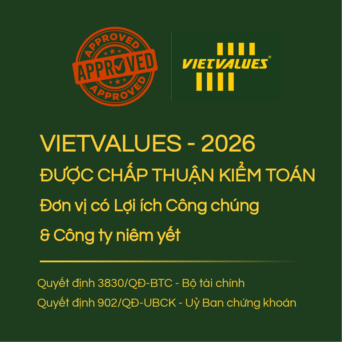 Vietvalues tiếp tục được chấp thuận kiểm toán Đơn vi có lợi ích Công chúng và Công ty niêm yết năm 2026